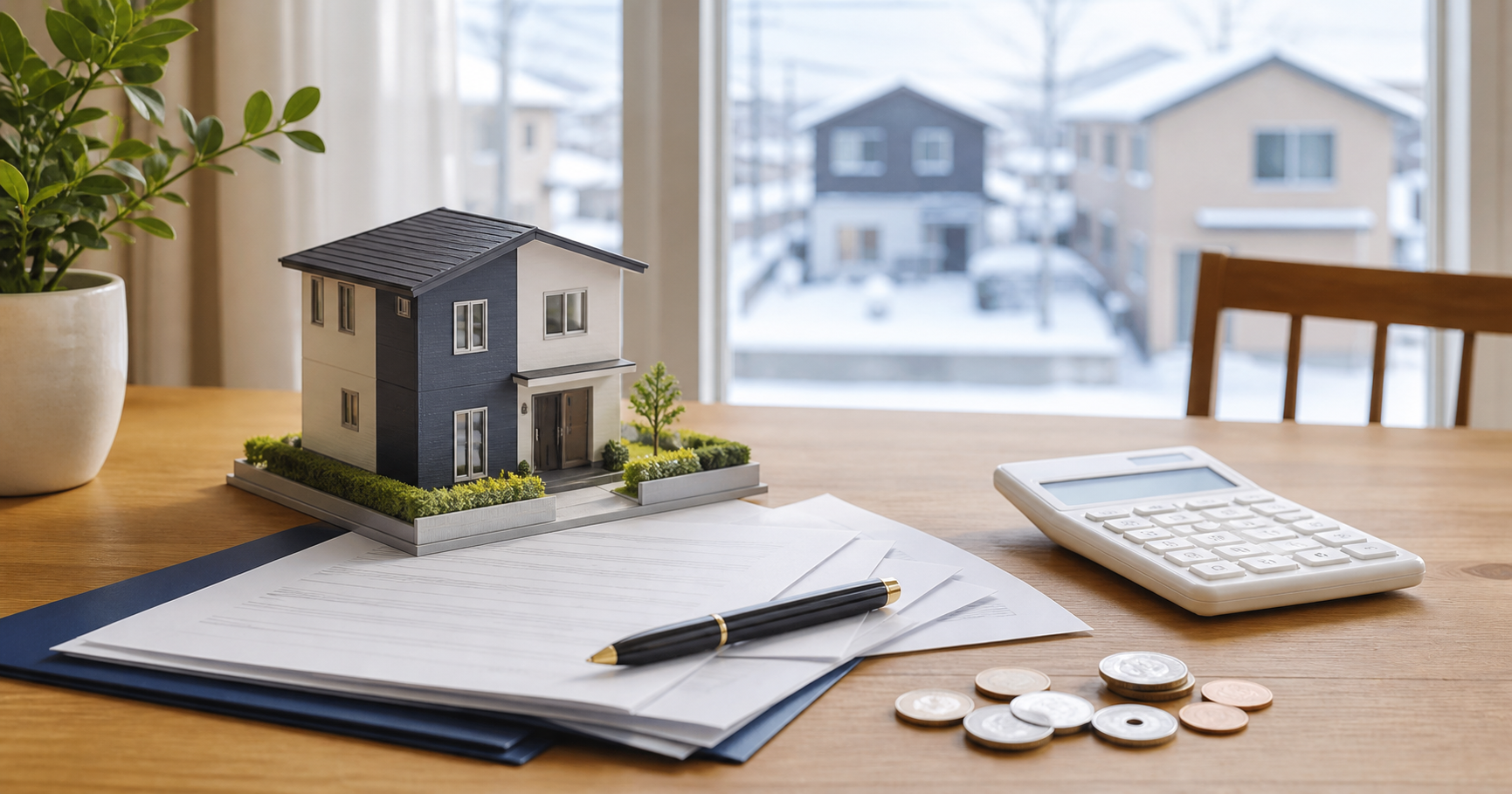 雪のある中古住宅と契約書類、電卓で購入諸費用を確認するイメージ