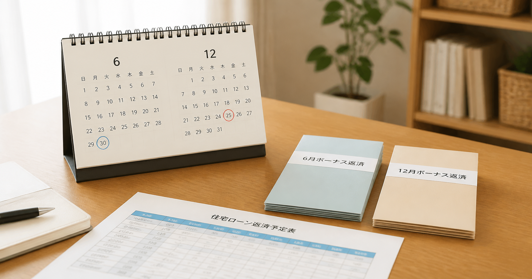 6月と12月の住宅ローンボーナス返済を示すカレンダーと返済予定表