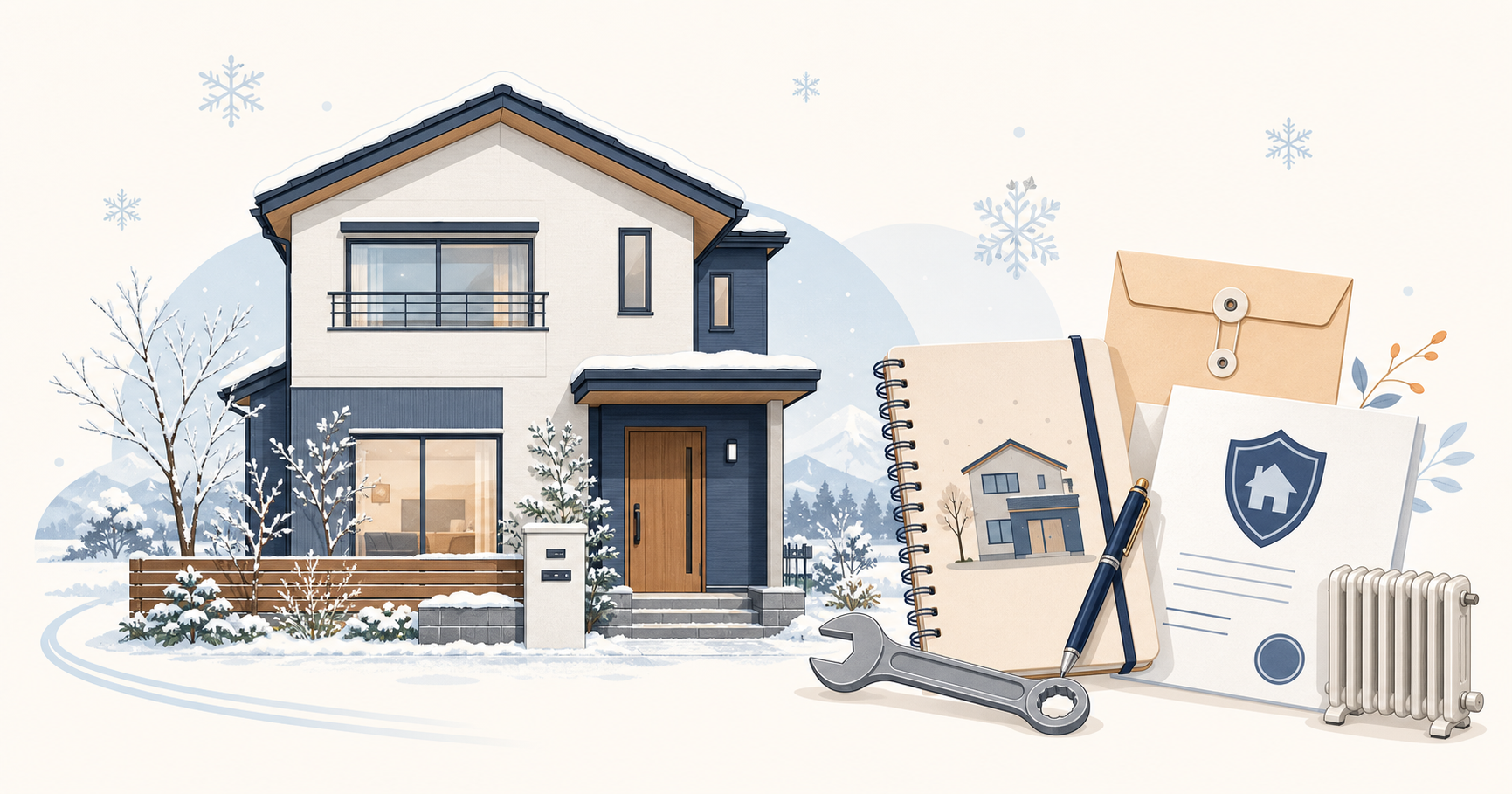 雪のある中古住宅と保険書類、修繕工具、暖房設備を描いた維持費のイメージ