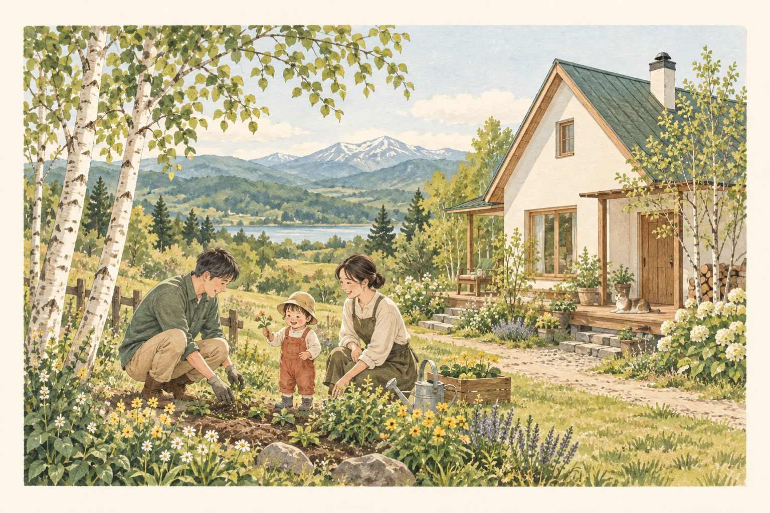 北海道の住まいと家族の暮らしをイメージしたイラスト